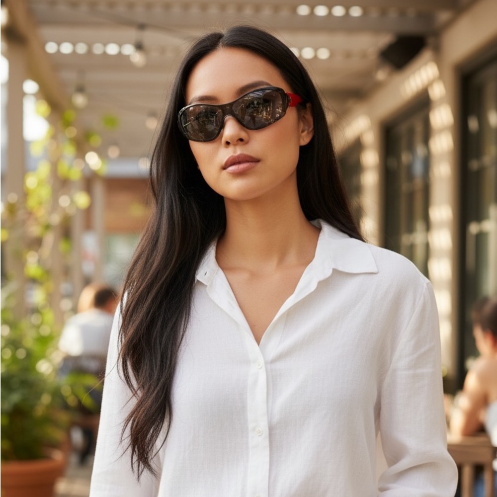 Ralph Lauren sunglasses featuring a black frame with orange-red (burnt orange)